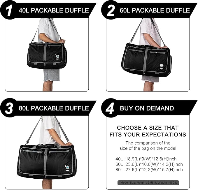 Bago Large Foldable Duffel Bags for Traveling Women & Men - 80L Packable Duffle Bag for Travel with Shoe Compartment - Water Repellant, Heavy Duty, Lightweight Folding & Collapsible (SnowBlack)