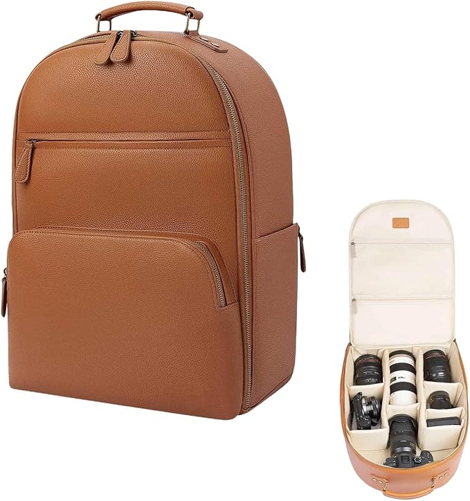 Camera Backpack Classic PU Leather for DSLR, Professional Camera Bag for Photographers with 15 Inch Laptop Compartment Large 20L