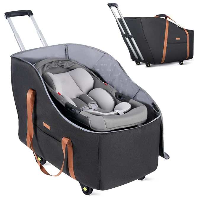 Infant Car Seat Travel Bag with Wheels Fits Chicco KeyFit 35, Doona Car Seat Stroller Base, Nuna Pipa, Padded Car Seat Bags for Airplane, Gate Check Bag, Removable Cover for Air Travel,Black-L