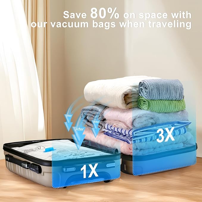 Vacuum Bags for Travel, 12 Pack with Hand Pump, Space Saver Vacuum Storage Bags, Travel Essentials, Clothes, Blankets, Pillows
