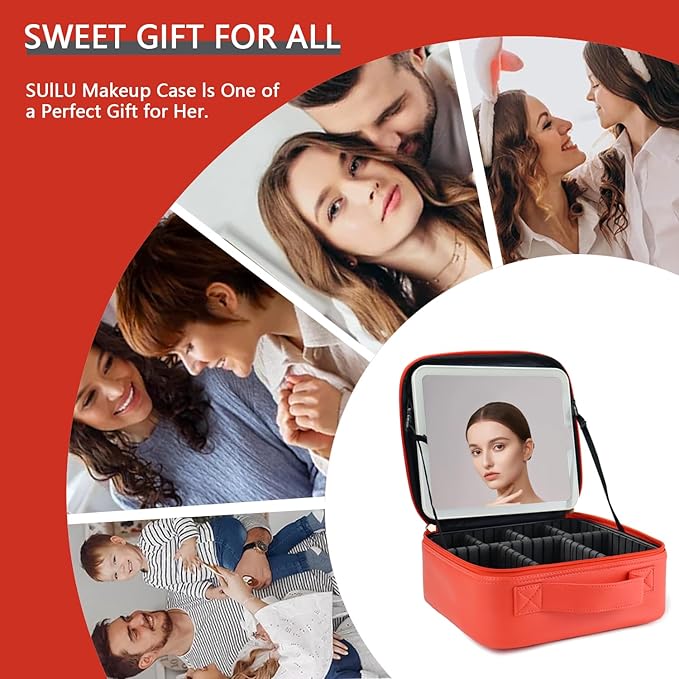 Makeup Bag with Led Mirror,Travel Makeup Organizer with 3 Color Setting & 10X Magnifying Mirror, Portable Storage and Adjustable Dividers Travel Makeup Bag-red