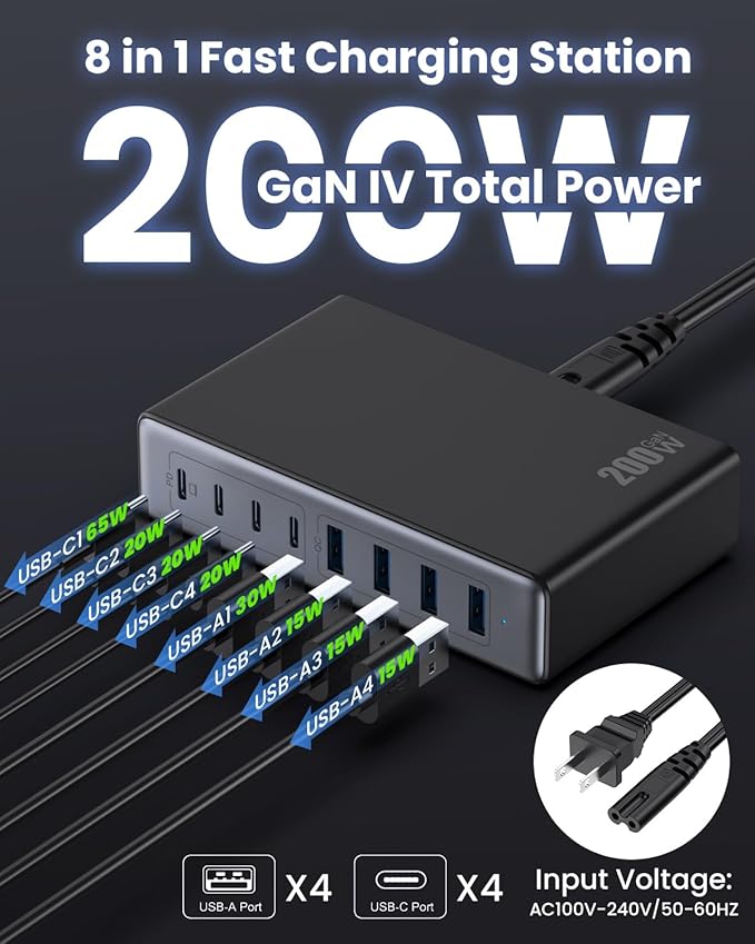 200W USB C Charger Block,GaN IV Charging Station 8 Ports,QC4.0 Fast Charging Station Hub+PD 65W USB C Laptop Charger Adapter Compatible with MacBook Air/Pro,DELL,iPhone 16/15,iPad,Steam Deck-Black