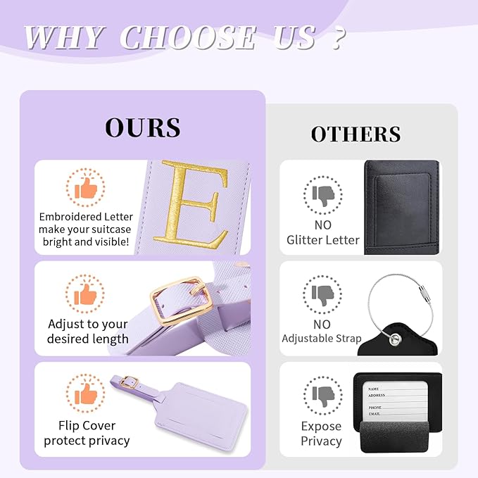 Personalized Initial Luggage Tags for Suitcase, Purple Leather Cute Luggage Tags with Privacy Cover Name Card, Embroidered Custom Monogrammed Luggage Tag Travel Backpack Tags Gifts for Women Kids(E)