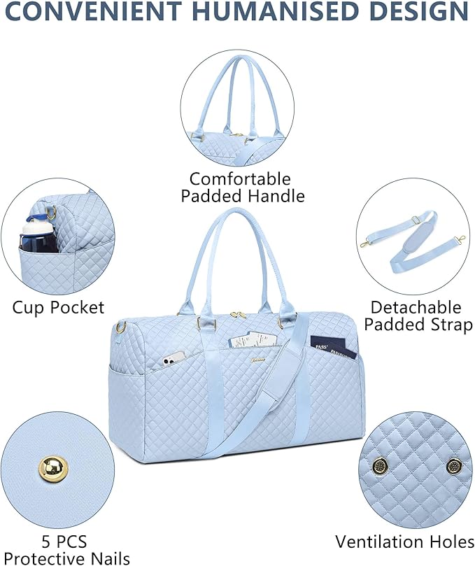Women Duffle Weekender Travel Bag: Large Duffel Bags with Shoe Compartment Carry On Overnight Tote with Wet Pocket Traveling Weekend Gym Yoga Hospital Bag for Womens Light Blue
