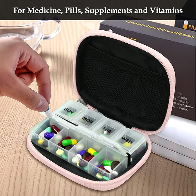 Serfeymi Weekly Travel Pill Organizer Pill Case for Purse with Removable 7 Day Pill Box, Fashionable Travel Medicine Organizer Pill Container for Medicine, Vitamin, Supplement - Pink 01