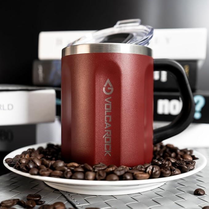 Stainless Steel Coffee Mug Cup with Handle, 16 oz Double Wall Vacuum Insulated Travel Mug Tumbler With Slider Lid, Insulated Camping Tea Flask for Hot & Cold Drinks (Grey)