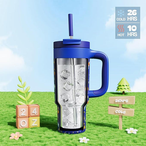 24 oz Stainless Steel Tumbler for Children: Durable Handle, Easy to Clean, Straw Gulp Lid, Car Cup Holder Friendly, Insulated Cup for Sport, Hiking, Carry, Adventures, Bag, Classroom (Space Rocket)