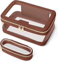 Travel Clear Makeup Bag with Makeup Brush Bag, Leather Makeup Case Toiletry Bag, Portable Cosmetic Bag Case, Transparent Waterproof Cosmetic Organizer Storage Bag for Women, Brown