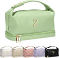 College Girl Gift Ideas, Personalized Makeup Bag with Handle, Initial Double Layer Cosmetic Bag with Makeup Brush Organizer, Cute Cosmetic Pouch for Women, Gift Ideas for Co Workers