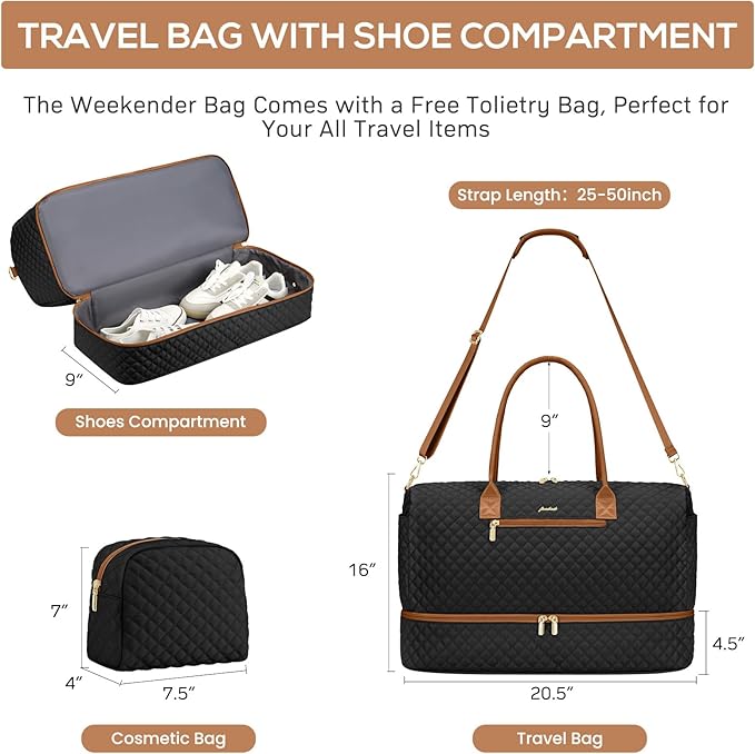 Travel Bag Weekender Bags for Women - Carry on Overnight Bag with Shoe Compartment Duffle Bag with Laptop Pocket Hospital Bag for Labor Delivery Gym Tote Bag with Toiletry Bag Black Brown
