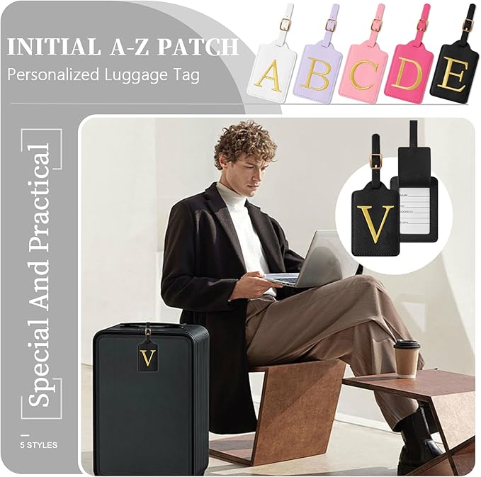 Personalized Initial Luggage Tags for Suitcase TSA Approved, Black Leather Cute Luggage Tag with Privacy Cover Name Card, Embroidered Custom Luggage Tags Travel Backpack Tags Gifts for Women Kids(V)