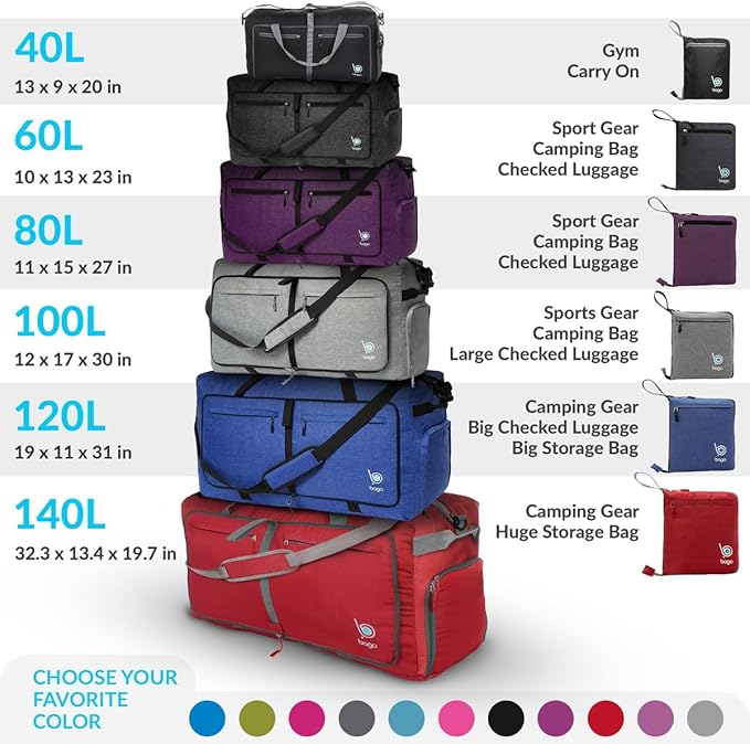 Bago Large Foldable Duffel Bags for Traveling Women & Men - 100L Packable Duffle Bag for Travel with Shoe Compartment - Water Repellant, Heavy Duty, Lightweight Folding & Collapsible (SnowDepBlue)