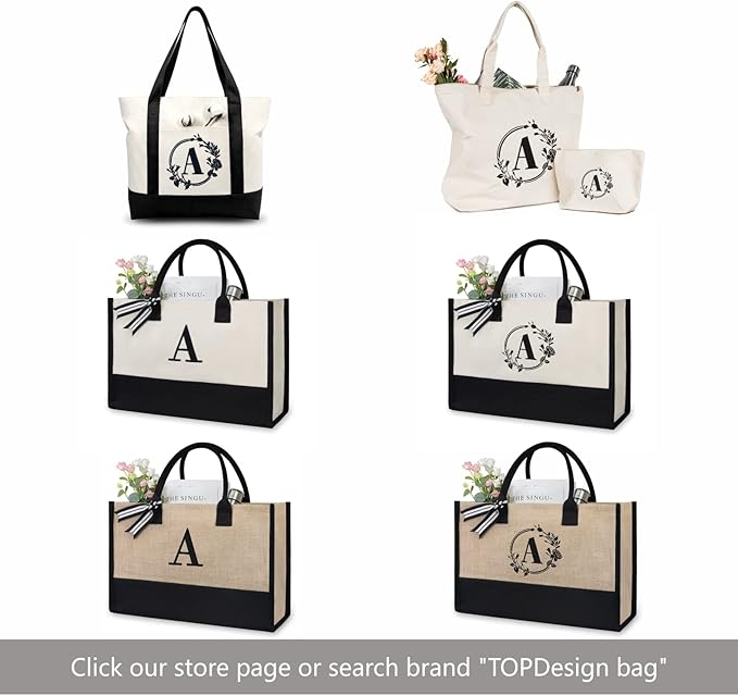 TOPDesign Embroidery Initial Canvas Tote Bag, Personalized Present Bag, Suitable for Wedding, Birthday, Beach, Holiday, is a Great Gift for Women, Mom, Teachers, Friends, Bridesmaids (Letter E)
