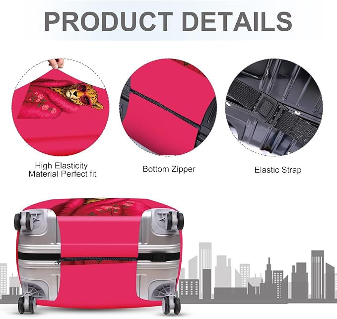 ANNA QUEEN Fashionable Leopard Luggage Cover, Leopard in Pink Coat and Sunglasses, Stretchable, Washable Travel Sleeve for 20-22 Inch Luggage