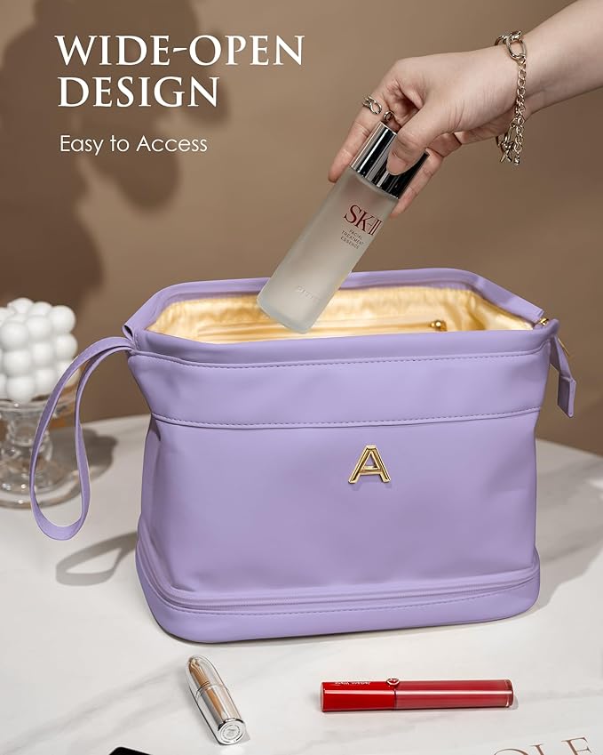 Initial Makeup Bags, Personalized Double Layer Cosmetic Bag with Makeup Brush Organizer, Grandma Birthday Gifts, Large Capacity PU Leather Toiletry Bag, Gifts for Women Girlfriend Friends