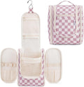 Narwey Small Checkered Hanging Travel Toiletry Bag for Women, Travel Bag for Toiletries, Makeup Bag Organizer Cosmetic Bags Make Up Bags for Women (Dusty Rose Checkerboard)