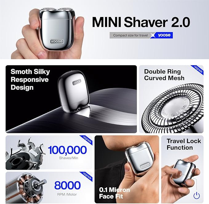 yoose Mini Electric Shaver, Alloy Portable Travel Shavers, Cordless Shaving, USB-C Rechargeable Electric Razor for Men, Dry Shave, IPX7 Waterproof, Detachable Head, Easy Cleaning, Green