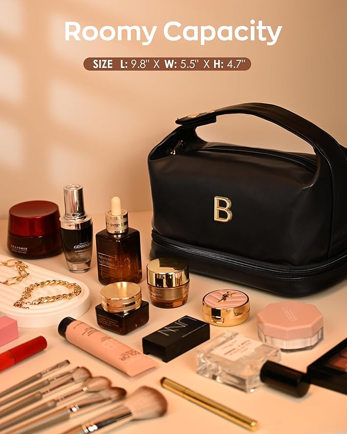 Wedding Gifts, College Gift Makeup Bag with Handle, Trendy Gifts for Women Cosmetic Bag with Makeup Brush Organizer, PU Leather Travel Toiletry Bag, Gift for Friends Female Mom