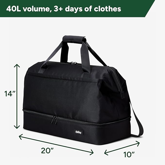 Halfday Double Decker Weekender Bag 40L | Designed for Easy Packing & Storage (Padded Strap, Zippered Bottom Compartment, Interior Mesh Pockets, Trolley Sleeve, Water-Resistant Fabric), Jet