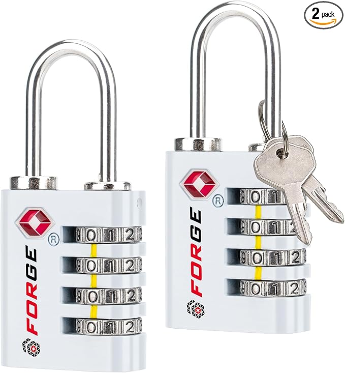 Forge Dual-Opening: Key or Combination Access Lock, TSA Approved Locks for Luggage, Pelican case, Travel, Gym, School, Stainless Steel Shackle. (White, 2 Pk)
