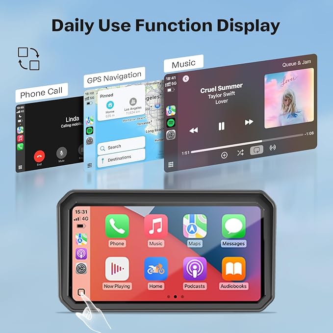 WonVon 6.25 Inch Wireless Motorcycle Carplay GPS Navigation System with Apple Carplay and Android Auto Portable Screen with Dual Bluetooth, Navigation, Siri, Google Assistant