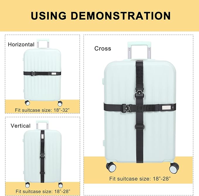 Vigorport Luggage Straps for Suitcases TSA Approved Suitcase Belt, Heavy Duty Metal Buckle Luggage Belt Strap, Stretchable Travel Strap for Luggage 72" Long (2PK)