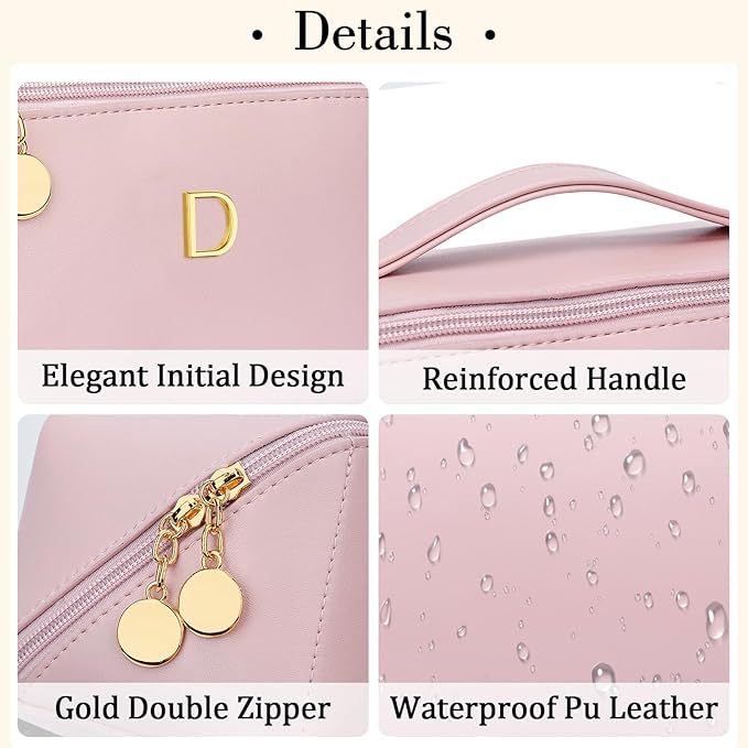 Birthday Gifts for Women Teen Girl, Personalized Initial Makeup Organizer Bag Set, Open Flat Travel Cosmetic Bag With Clear Divider and Handle(Pink,D)