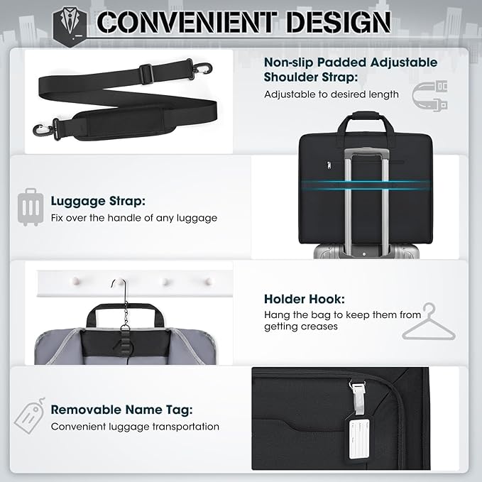 RAINSMORE Garment Bags for Travel Carry On Garment Bag for Hanging Clothes, Suit Bag for Business Trips with Shoes bag & Shoulder Strap, Waterproof Foldable Suit Luggage Bag for Men Women, Black