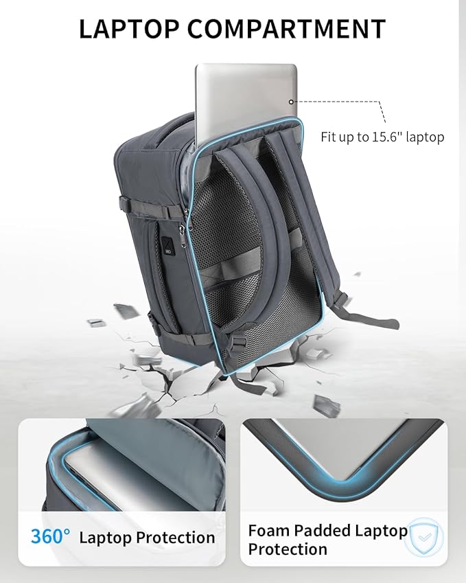 ECOHUB Travel Backpack for Men Women, Carry on Backpack with USB Charging Hole, Spirit Airlines Personal Item Bag Flight Approved, 15.6 Inch Laptop Backpack with Anti Theft Pockets, 30L, Grey