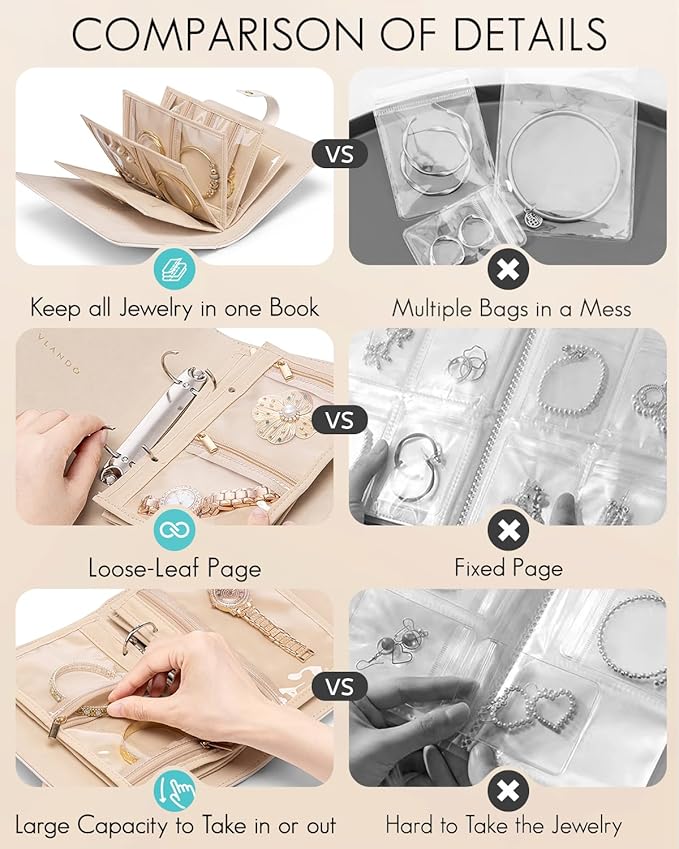 Vlando Teacher Gifts for Women,Travel Jewelry Organizer Case,Jewelry Storage Book Ring Binder with Clear Zipper Velvet Jewelry Pouches Bags for Rings,Necklace,Earrings-Cream White