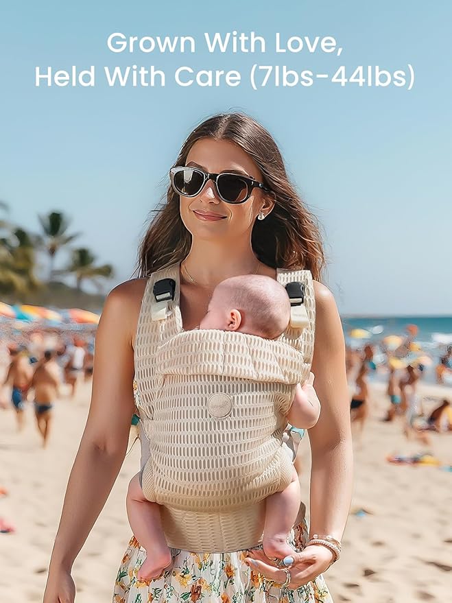 Grownsy Baby Carrier Newborn to Toddler (7-44lbs), Ergonomic & Cozy Wraps with One-Click Buckle, Mesh & Head Support for Hands-Free Comfort, Almond Beige