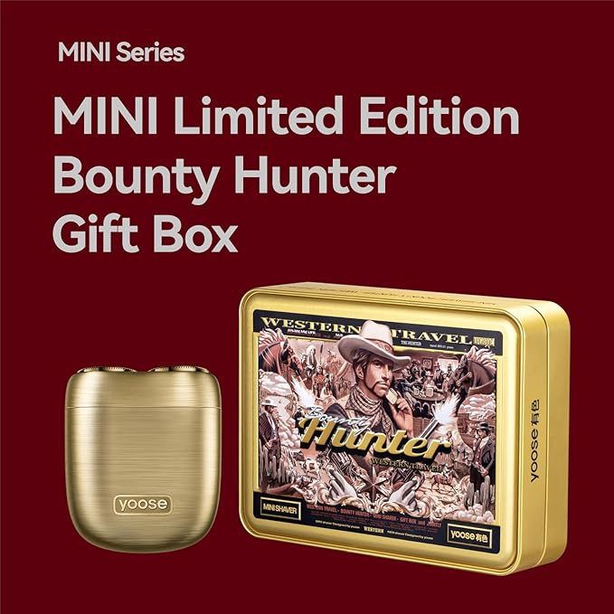 yoose Bounty Hunter Mini Shaver Gift Set, Portable Alloy Travel Shavers, Cordless Shaving, USB-C Rechargeable Electric Razor for Men, Dry Shave, IPX7 Waterproof, Easy Cleaning, Battery Indicator, Gold