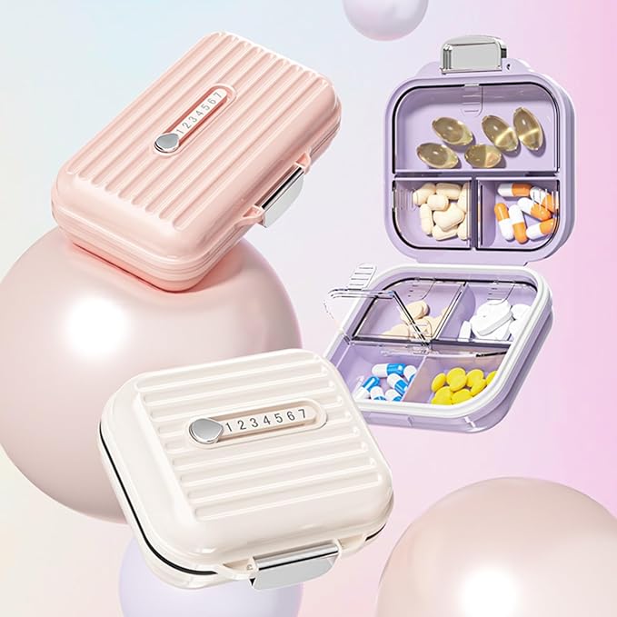 Travel Pill Organizer Box with Medicine Labels, 7 Compartments Portable Pill Case, Daily Medication Organizer Storage Pill Container for Pocket Pharmacy(Pearly White, L)