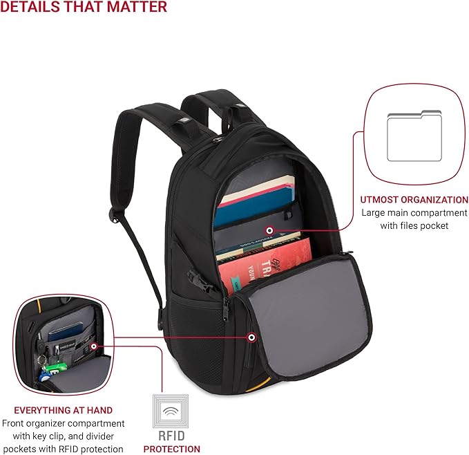 SwissGear Mini 1900 Scansmart Slim Version Laptop Backpack, Black/Gold, 16-Inch