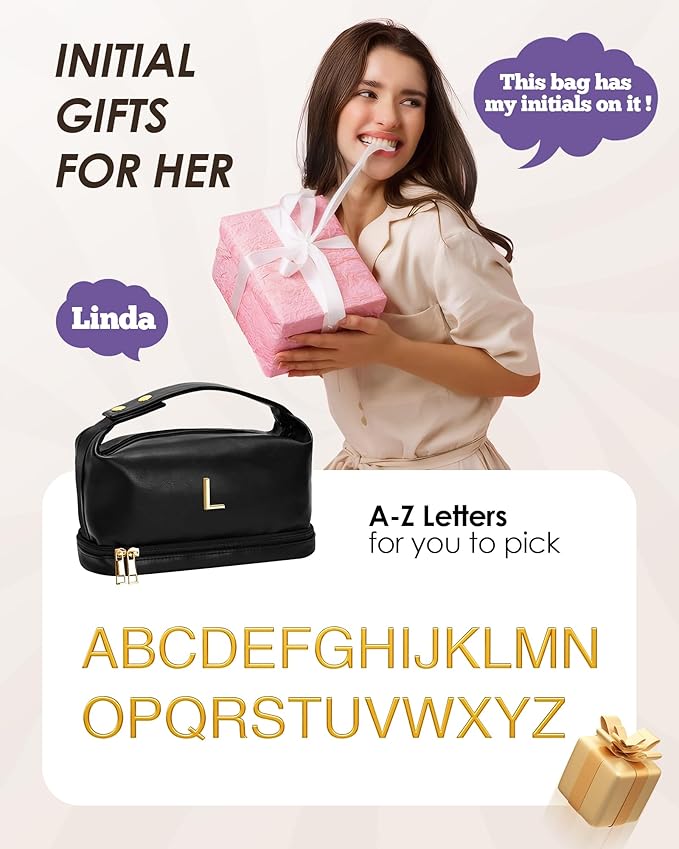 Initial Makeup Bag Personalized Bags with Handle, Waterproof Double Layer Cosmetic Bag, Large Capacity PU Leather Makeup Bags Letter Travel Toiletry Bag with Makeup Brush Organizer