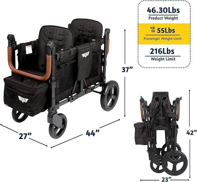 Keenz VYOO Stroller Wagon with Canopy - Foldable Design for Easy Storage, 5 Seating Positions for Kids, Enhanced Child Safety, All-Terrain Mobility, 2-Passengers, Black