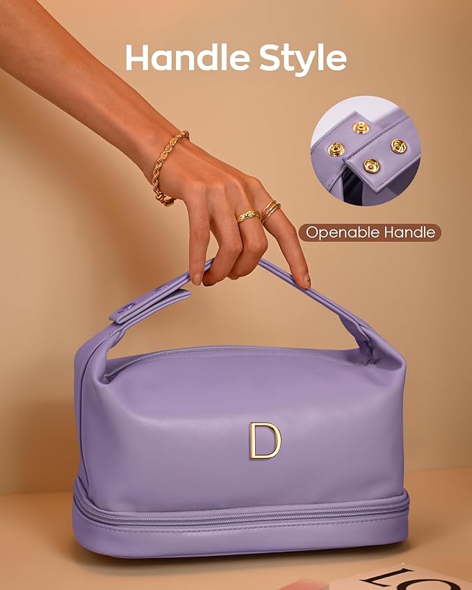 Personalized Friend Gifts, Initial Large Makeup Bag, Personalized Double Layer Cosmetic Bag with Makeup Brush Organizer, Waterproof, Large Capacity PU Leather Toiletry Bag，Teacher Gifts
