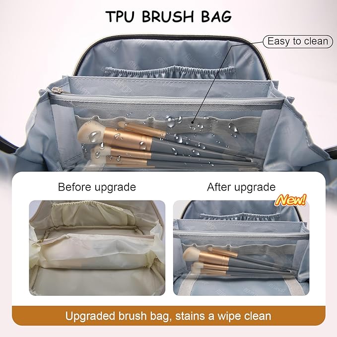 Travel Makeup Bag for Women: Large Capacity Open Flat Make up Bag Set of 3 - Vegan Leather Cosmetic Bag with Compartments - Waterproof Toiletry Bag with Handle & Divider(Gold)