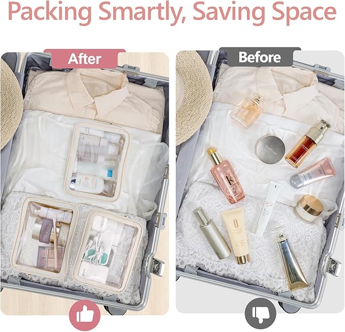 PACKISM Clear Makeup Bag - Soft Plastic Color-Edged TSA Approved Toiletry Bag, Reusable Clear Toiletry Bags with Golden Zipper, Beige