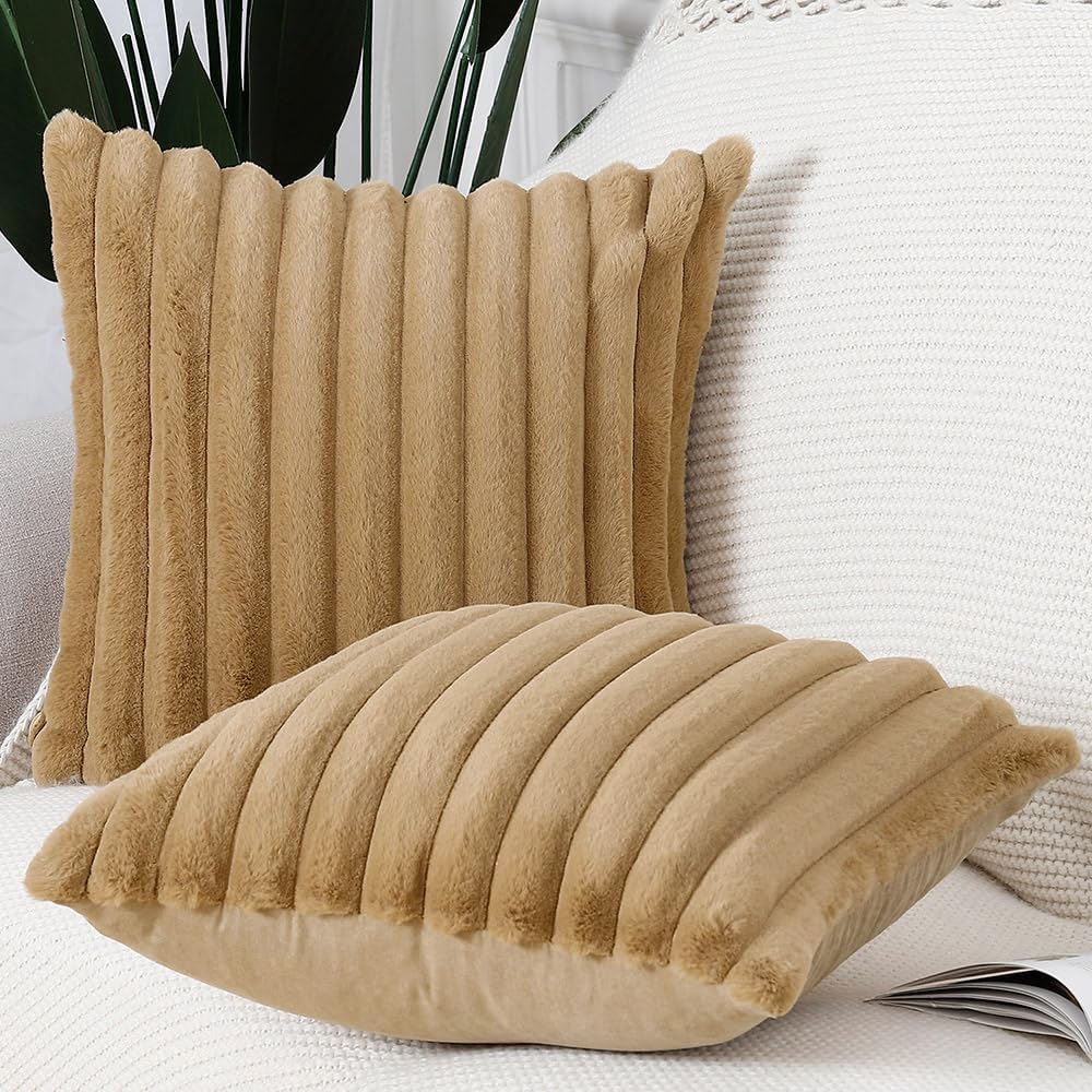 MADIZZ Set of 2 Faux Wool Plush Decorative Throw Pillow Covers 20x20 Inch Camel Fluffy Striped Soft Decorative Cushion Cover for Sofa Bedroom Pillow Shell