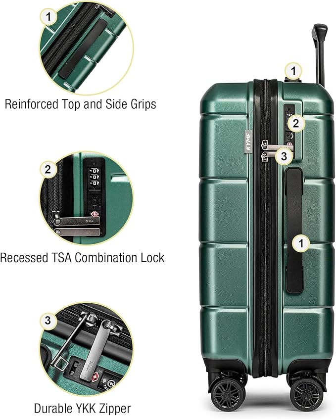 KYME Luggage Sets 3 Piece Hardshell 22in/26in/30in Suitcases with Spinner Wheels Hardside Suitcase Sets with TSA Lock Travel Rolling Luggage Set for Women Men Green