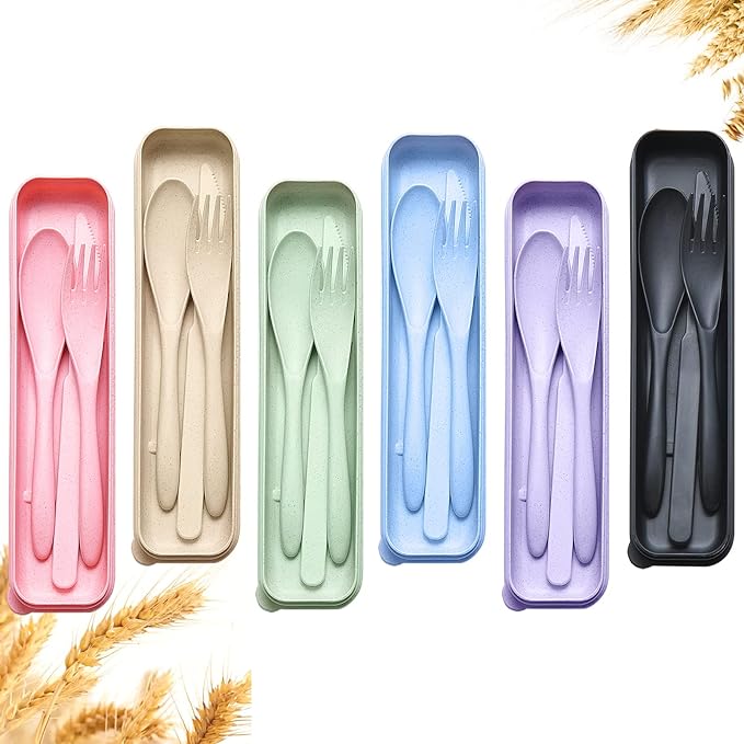 Reusable Travel Utensils Set with Case, 6 Sets Wheat Straw Portable Knife Fork Spoons Cutlery, Eco-Friendly BPA Free Plastic Tableware for Kids Adults Travel Picnic Camping Utensils