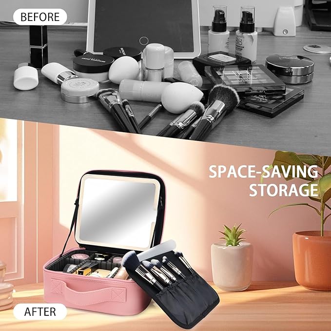 Makeup Bag with Led Mirror,Travel Makeup Organizer with 3 Color Setting & 10X Magnifying Mirror, Portable Storage and Adjustable Dividers Travel Makeup Bag-pink