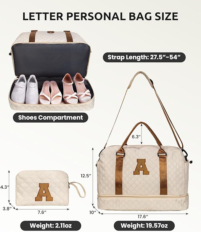 Gifts for Friends-Initial Duffle Bag with Shoe Compartment, Personalized Weekender Bag, Monogram Overnight Bag, Travel Bag with Makeup Bag，Birthday Gifts Bag for Daughter Sister (Letter I)