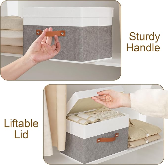 Fabric Storage Bins with Lids, 3 Pack Linen Foldable Cloth Baskets, 15 x 9.8 x 9.8 Inch Closet Organizer Containers with Double Handles, Sweater Boxes for Bedroom, White and Grey