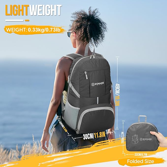 ZOMAKE Lightweight Packable Backpack 35L, Light Foldable Backpacks Water Resistant Collapsible Hiking Bag, Compact Folding Day Pack for Travel Camping(Dimgray)