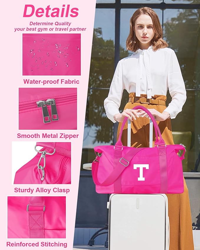 Overnight Bag for Kids Teen Girls Weekender Dance Bag Birthday Graduation Gifts,Initial Travel Duffel Bag Sports Gym Bag Personalized Weekender Bag Carry On Bags Preppy Gifts for Women(Hot Pink, T)