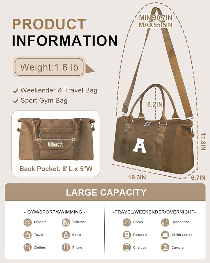 Birthday Graduation Gifts for Daughter,Initial Travel Duffel Bag Sports Gym Bag for Girls Teen Kids Birthday Gifts,Personalized Weekender Bag Carry On Tote Bags Cute Overnight Bag for Women(Brown, A)
