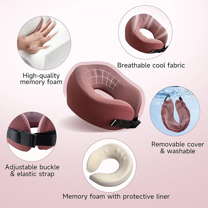 SPRFUFLY Travel Pillow/Neck Brace - 100% Memory Foam Neck Pillow for Sleeping, Airplane Pillow with Sleep Mask & Earplugs, Travel Essentials Neck Brace Pillow for Airplane, Car, Office & Home(Pink)