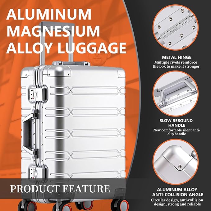 WEICHEN All Aluminum Magnesium 22 inch Carry On Luggage with Spinner Wheels and TSA Lock, Hard Case Luggage Carry On Suitcase 22x14x9 Airline Approved (Black, 24 in Checkin)
